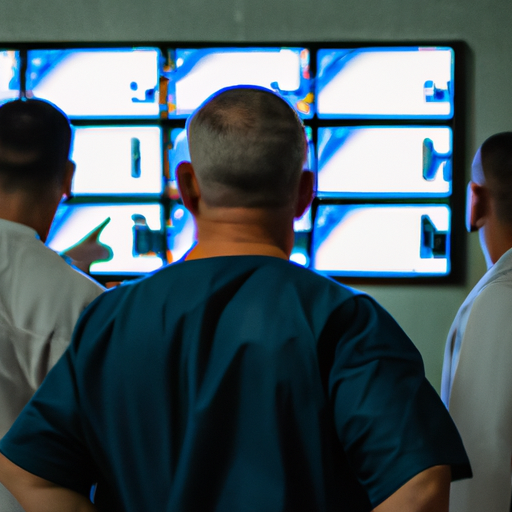 Alguns enfermeiros de costas, olhando gráficos e indicadores em um monitor na parede